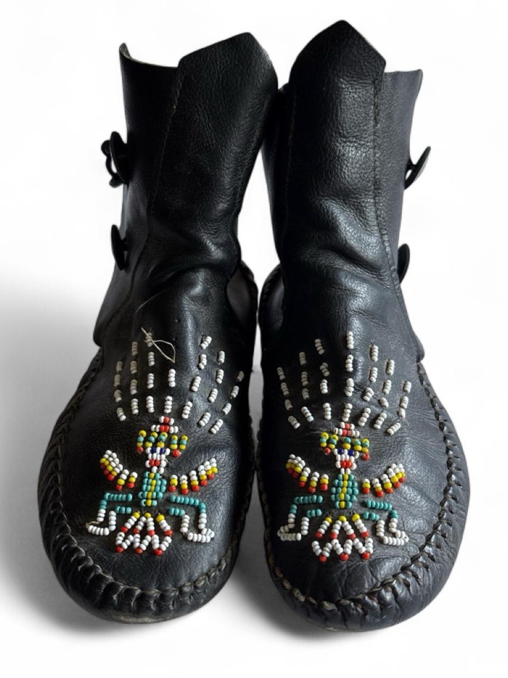 Vintage 70s Taos Black Thunderbird Beaded Leather Unisex Ankle Boot Moccasins